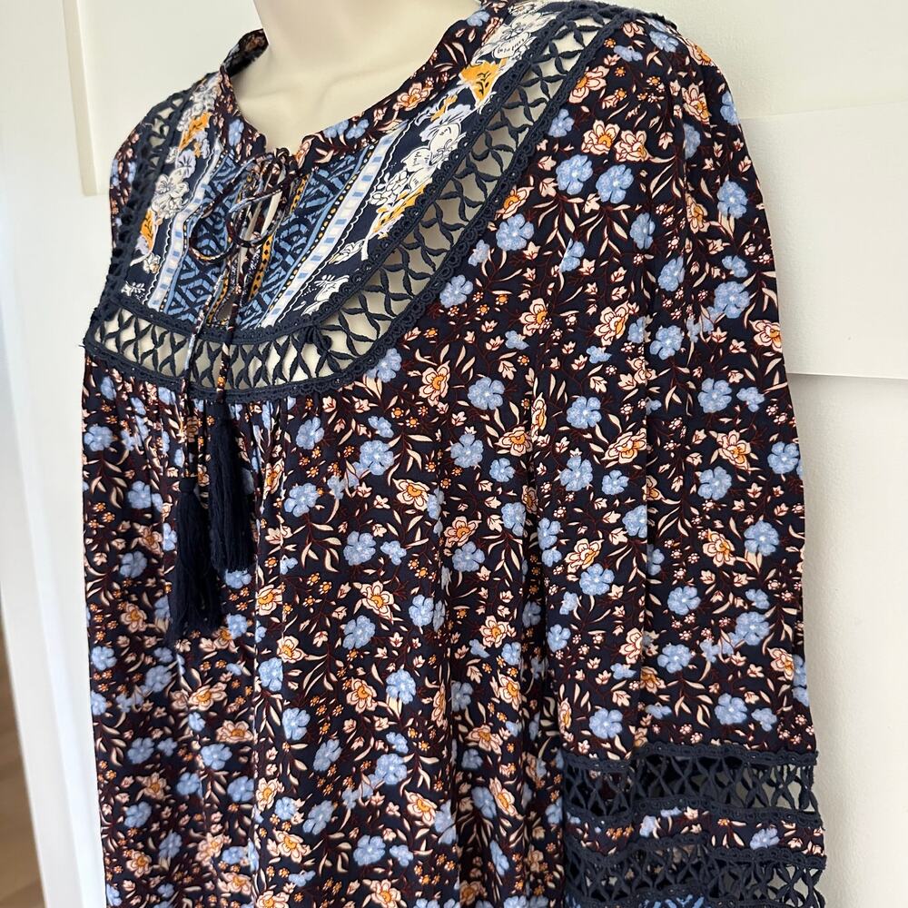 Sundance Floral Simona Dress Tunic Crochet Blue S Boho Prairie Cottage Core - Picture 4 of 14